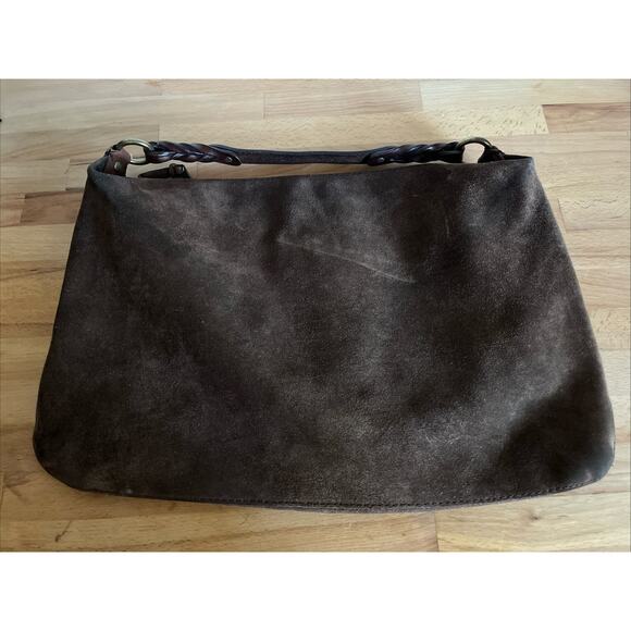 GAP Vintage Chocolate Brown Suede Hobo Shoulder Bag Braided Leather Handle - Picture 1 of 9